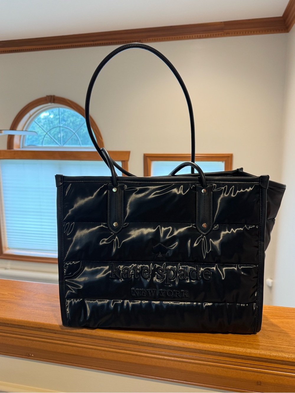 kate spade black glossy quilted patent tote